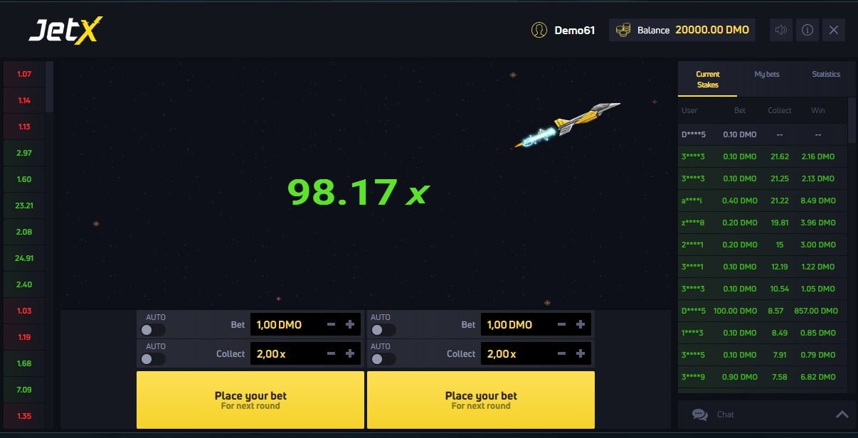 Interfaz del juego JetX