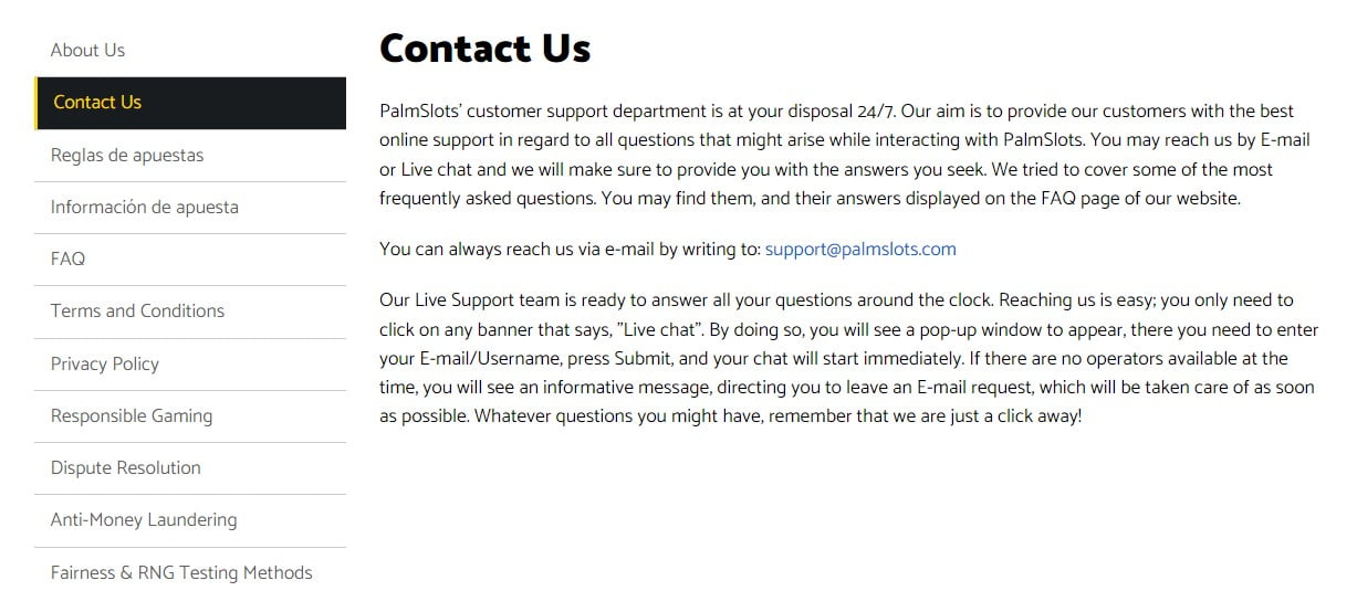 Palmslots casino: Servicio de atención al cliente en España