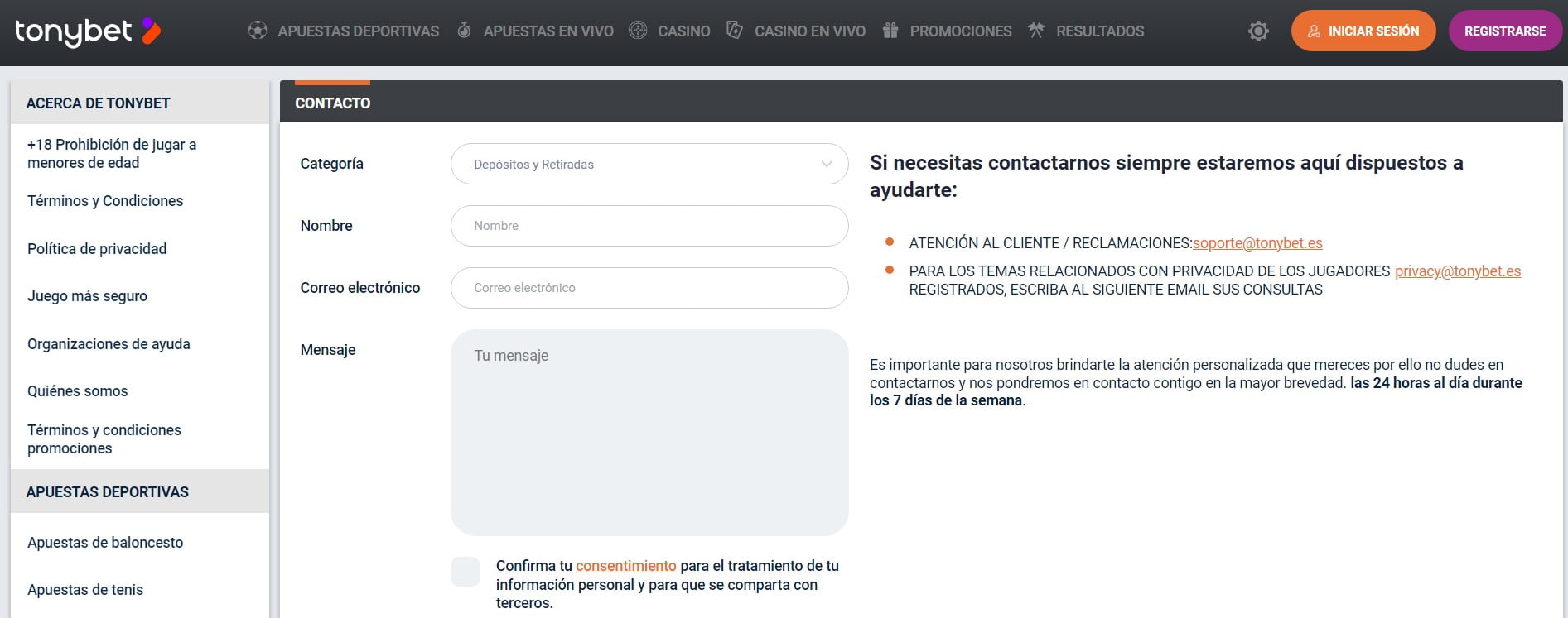 Soporte al Cliente TonyBet